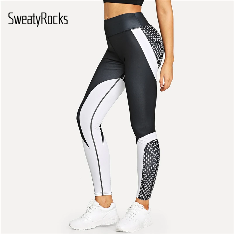 Обтягивающие леггинсы в горошек для фитнеса SweatyRocks, черные и белые женские штаны для тренировок, осенние повседневные Леггинсы