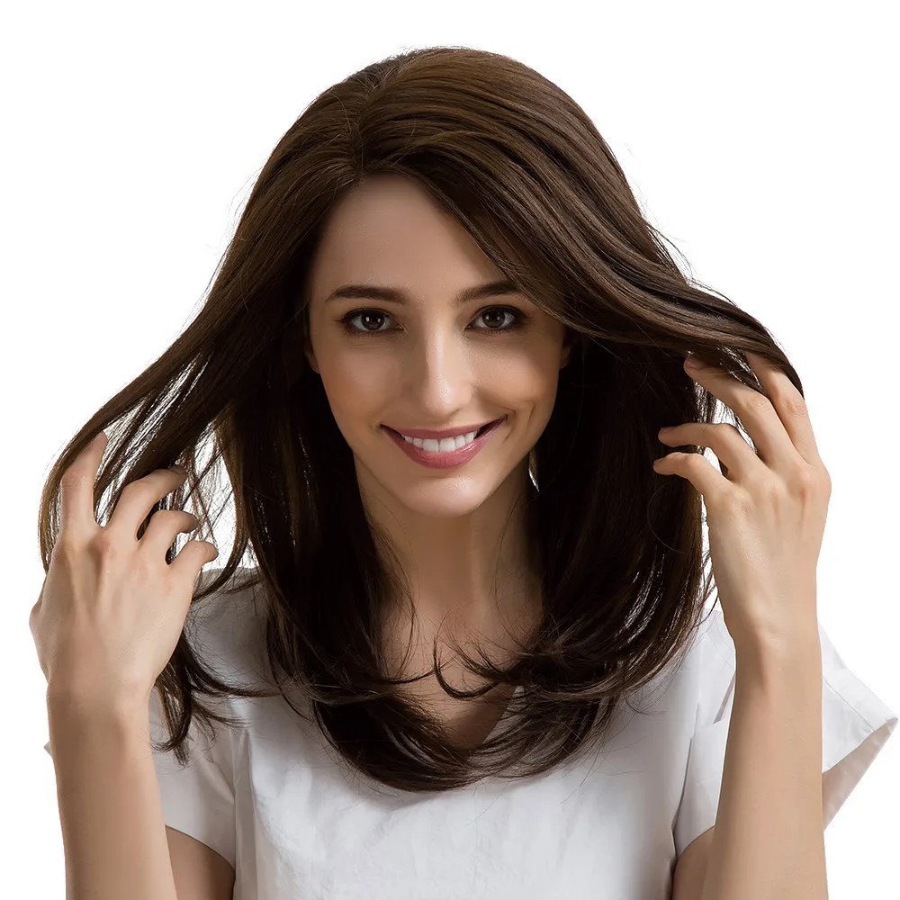 

Hot Sale Natural Real Ladies Daily Straight Light Brown Side Parting Front Lace Wigs With Bangs Resistant Wig Full Head Gift