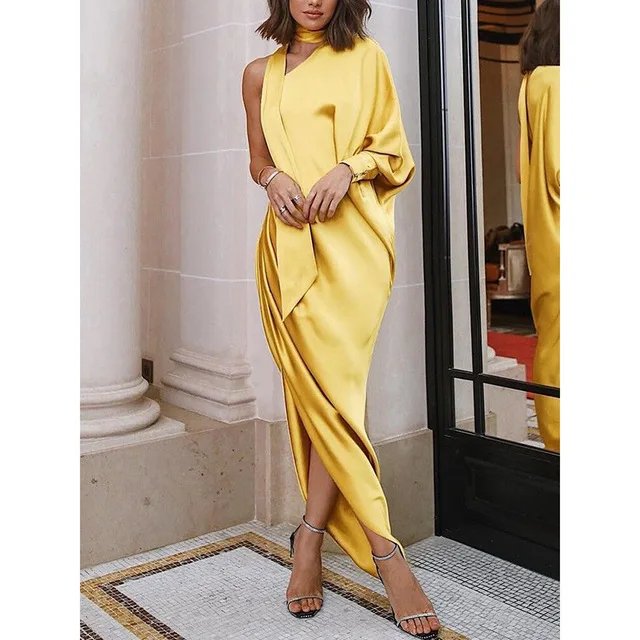 Женское платье с открытыми плечами, с одним рукавом и запахом, необычные длинные платья макси, элегантное женское вечернее платье, лето, vestidos mujer - Цвет: Цвет: желтый