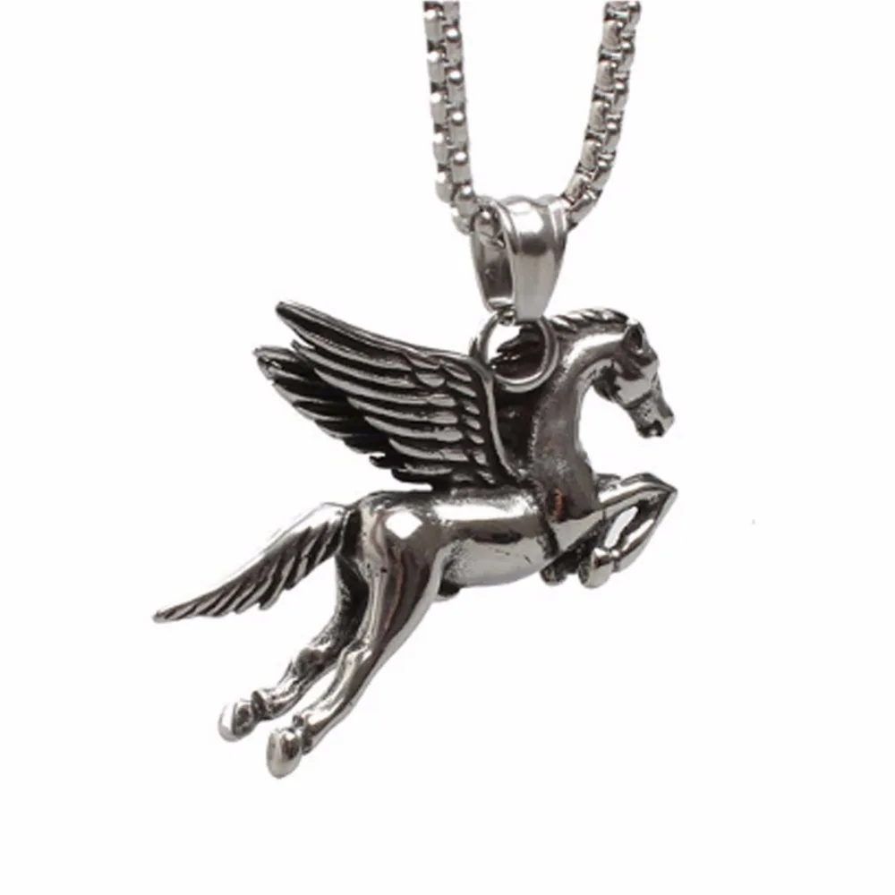 

Peagasus Horse Pendant Necklace Men Stainless Steel Chain Wing Horse Necklace Personalized Greek Mythology Jewelry 23in