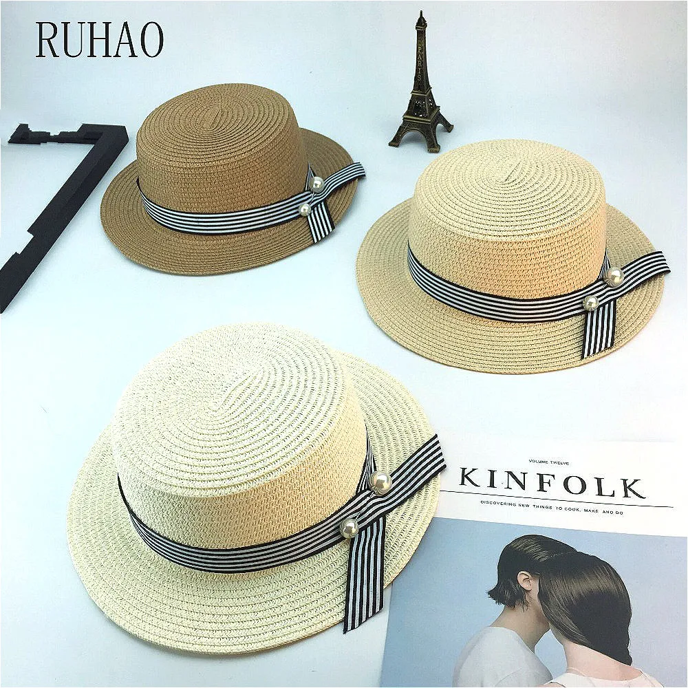RUHAO летняя Дамская лента Классическая плоская Солнцезащитная шляпа с бантом женские шляпы-федоры для путешествий женская пляжная шляпа