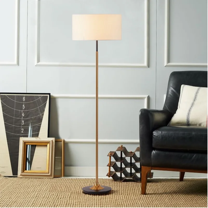 Dimmable Floor Lamp / 150cm Height / Fabric Shade / Golden Color / Bronzing Metal Stem / Iron Base in Black Lacquer
