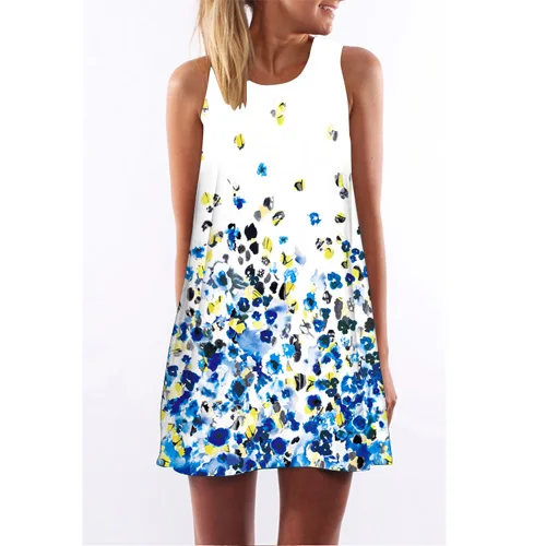 BHflutter мини-платье с цветочным принтом для женщин, стиль, без рукавов, летнее шифоновое платье, повседневные свободные платья в стиле бохо, Vestidos Verano - Цвет: Синий