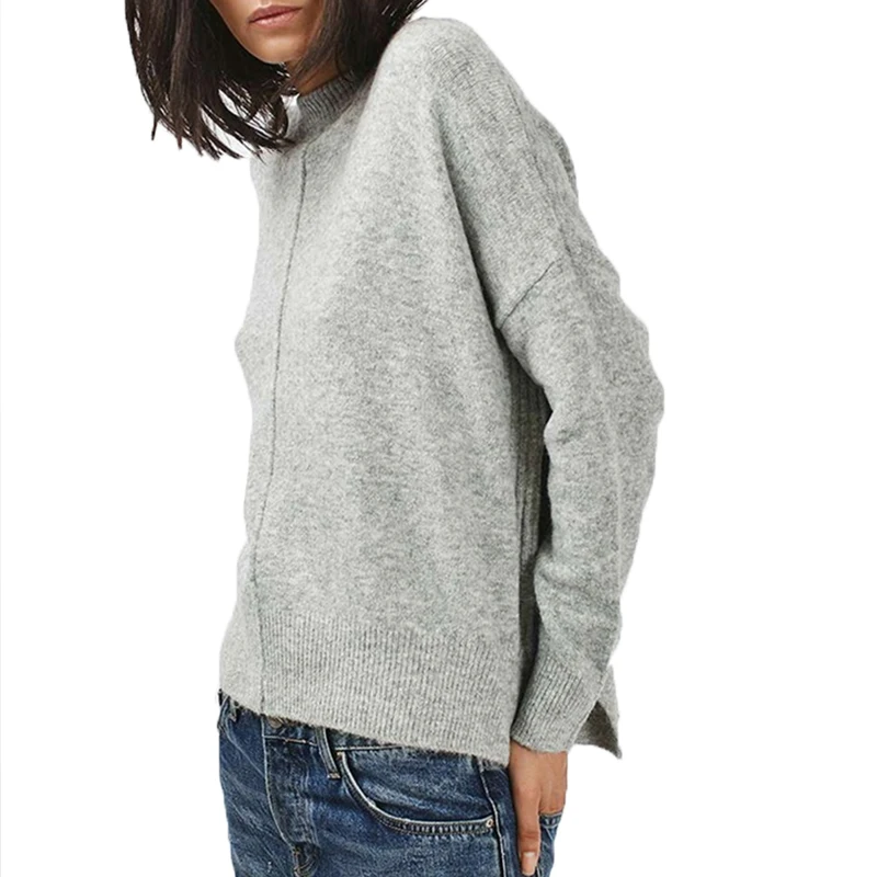 2017 Grey Side Zipper Cashmere Sweater Female O neck