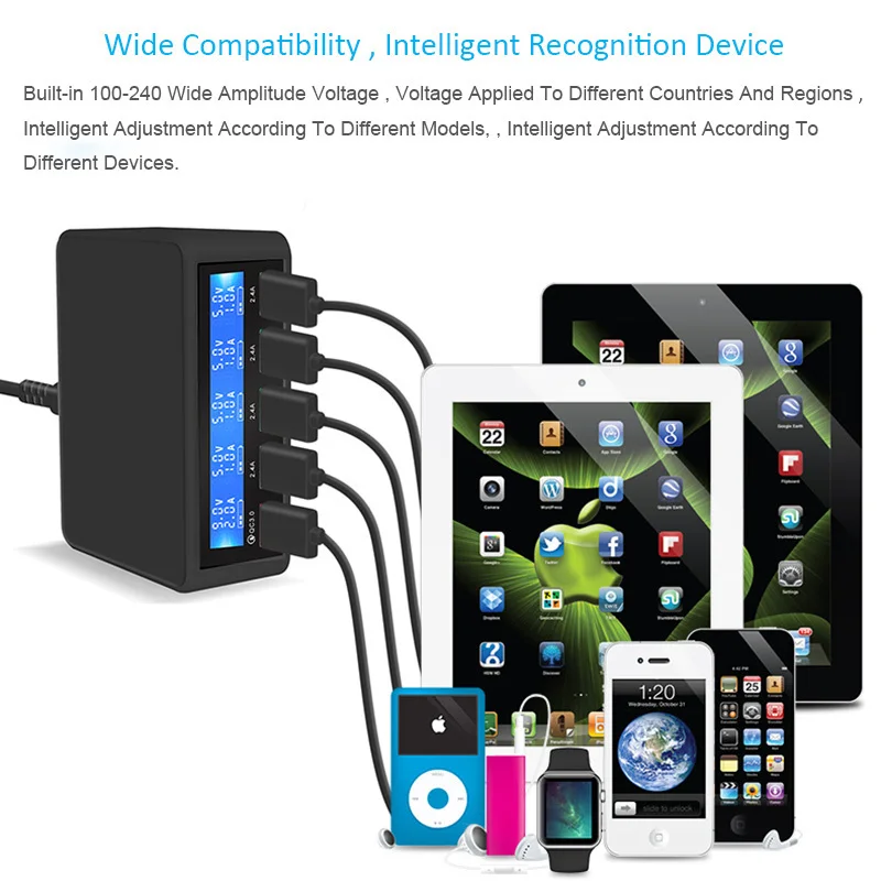 5 портов USB зарядное устройство 50 Вт светодиодный дисплей Быстрая зарядка 3,0 зарядка для iPhone iPad samsung huawei Nexus Mi Oneplus адаптер питания