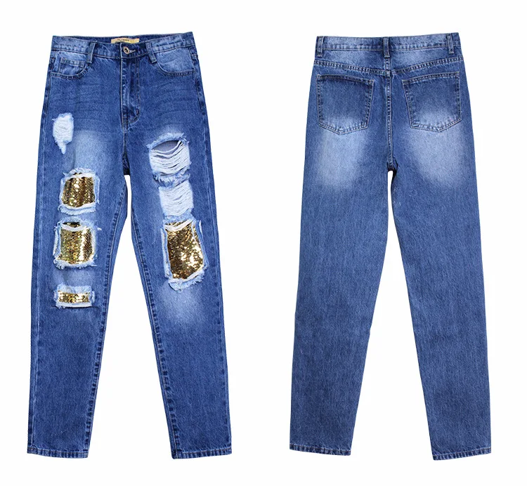 LOGAMI джинсы с высокой талией, женские рваные джинсы бойфренда для женщин, прямые Лоскутные Джинсовые штаны, Pantalon Femme - Цвет: Синий