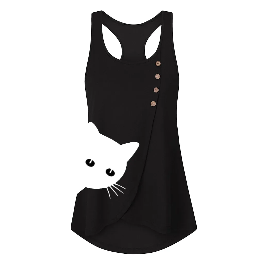 

Feitong Cute Cat Printed Vest Women Summer Solid Button Shirt Tank Tops Sleeveless Vest Tank Casual Tops Blusa Chemise Femme