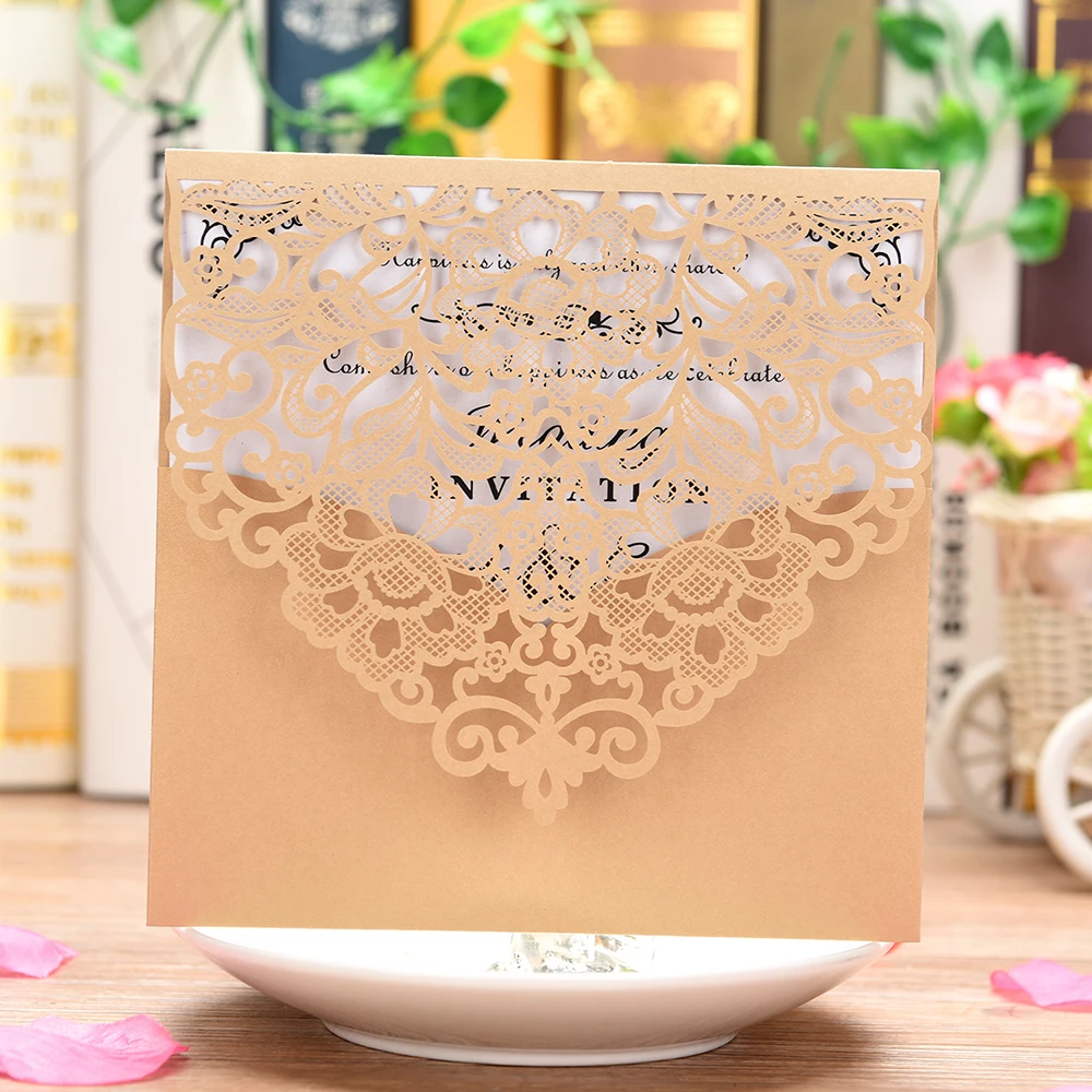  5 PCS Laser Cut Wedding Invitations Cards Blank Luxury Lace Flower Pattern Invite Card for Marriage - 4.00003E+12