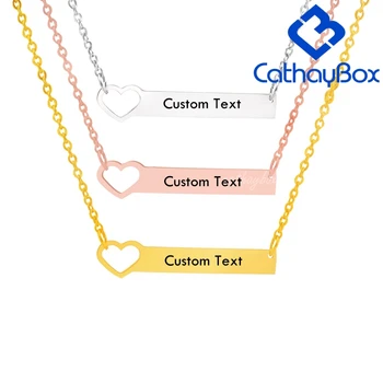 

Women's Necklace Personalized Name Engrave Stainless Steel Name Bar Heart Charm Pendant SS Chain 45CM