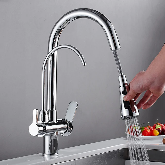 Best Price MTTUZK Brass Chrome Hot Cold Pure Water 3 in1 Kitchen Faucet Pure Pull Out Faucet Drinking Water Mixer Tap Double Outlet Faucet 