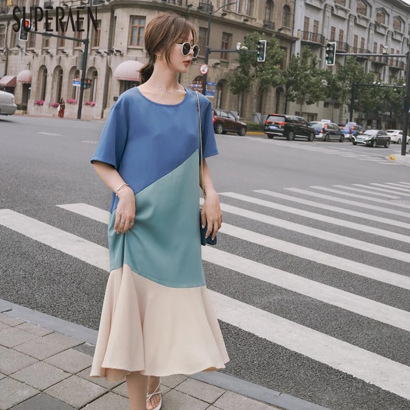 

SuperAen Round Neck Women Dress Short Sleeve Cotton Fashion Ladies Dress Summer New 2019 Round Collar Women Clothing