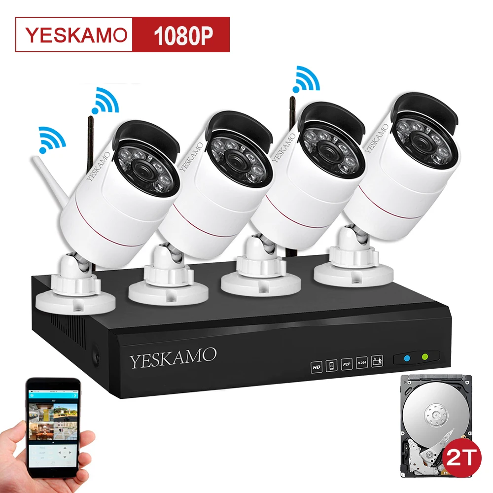 

Yeskamo home Security ip camera outdoor cctv surveillance camera system alarm and 1080p HD 4 Channel NVR Recorder 2TB Hard Disk