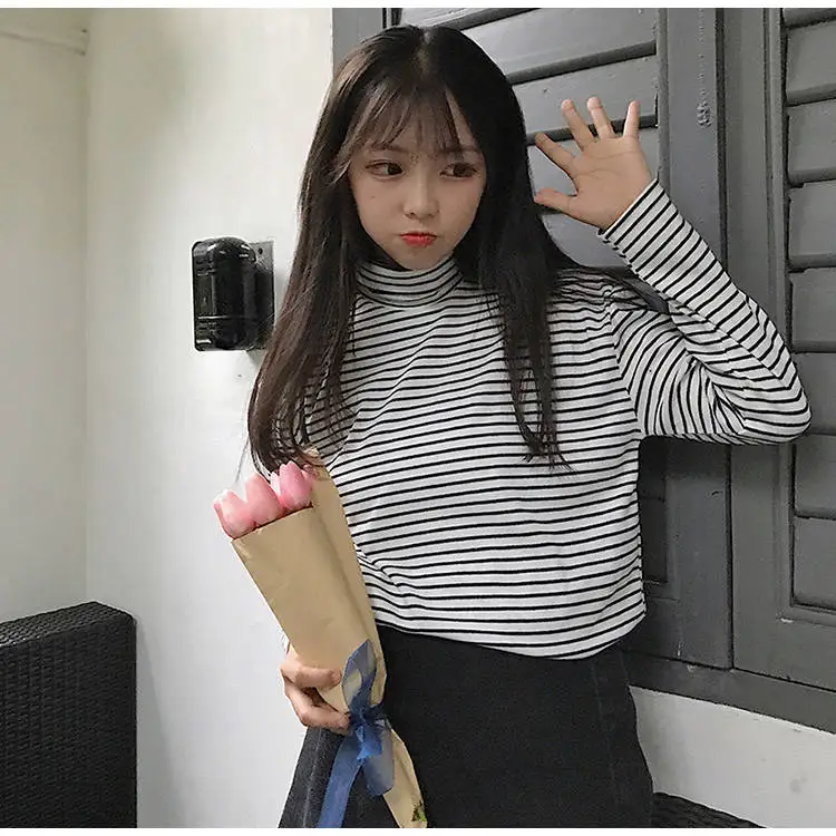  Autumn Casual Korea Fashion Hip Hop Stripe Turtleneck Hoodie Long Sleeve Vintage Pullovers Loose Ha