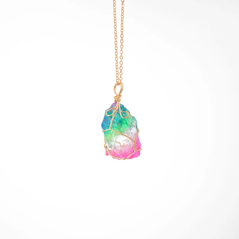 Радужное ожерелье с кулоном из натурального камня, модное Хрустальное горное ожерелье чакра, Золотая цепочка, кварцевое длинное ожерелье для женщин, подарок