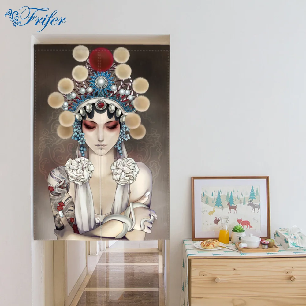 

Noren Door Curtains Chinese Ancient Style Canvas Painting Screens for Doorway Bedroom Kitchen Door Curtains with Adjustable Rod