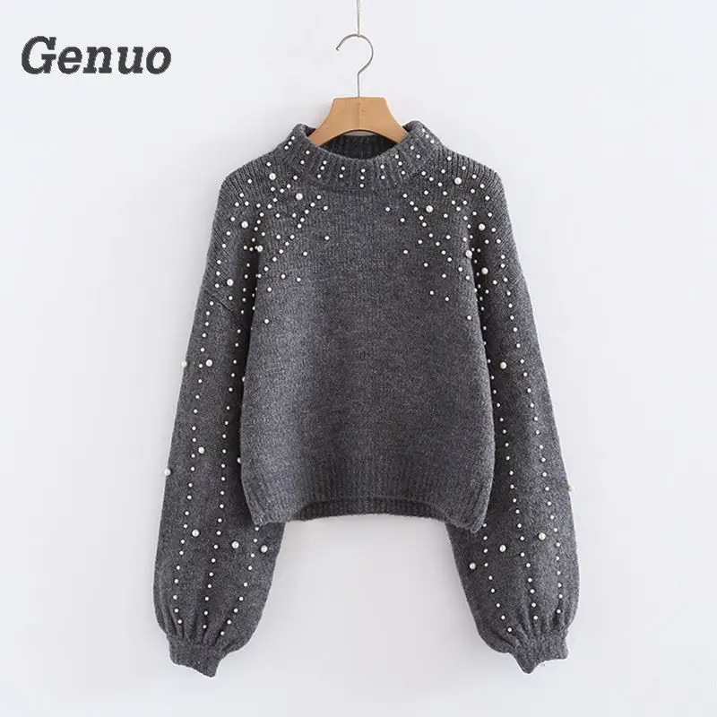 New 2018 Pullover Solid Color Long Sleeve Sweater Women Elegant Casual Elastic Loose Knitted Tops Actumn Pearl Sweater Genuo