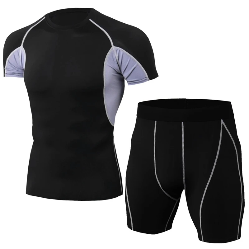 

Gyms Patchwork Fitness Compression Men Set Bodybuilding Quick Drying Man Tracksuit Two Piece Skinny Mens Sets Dropshipping