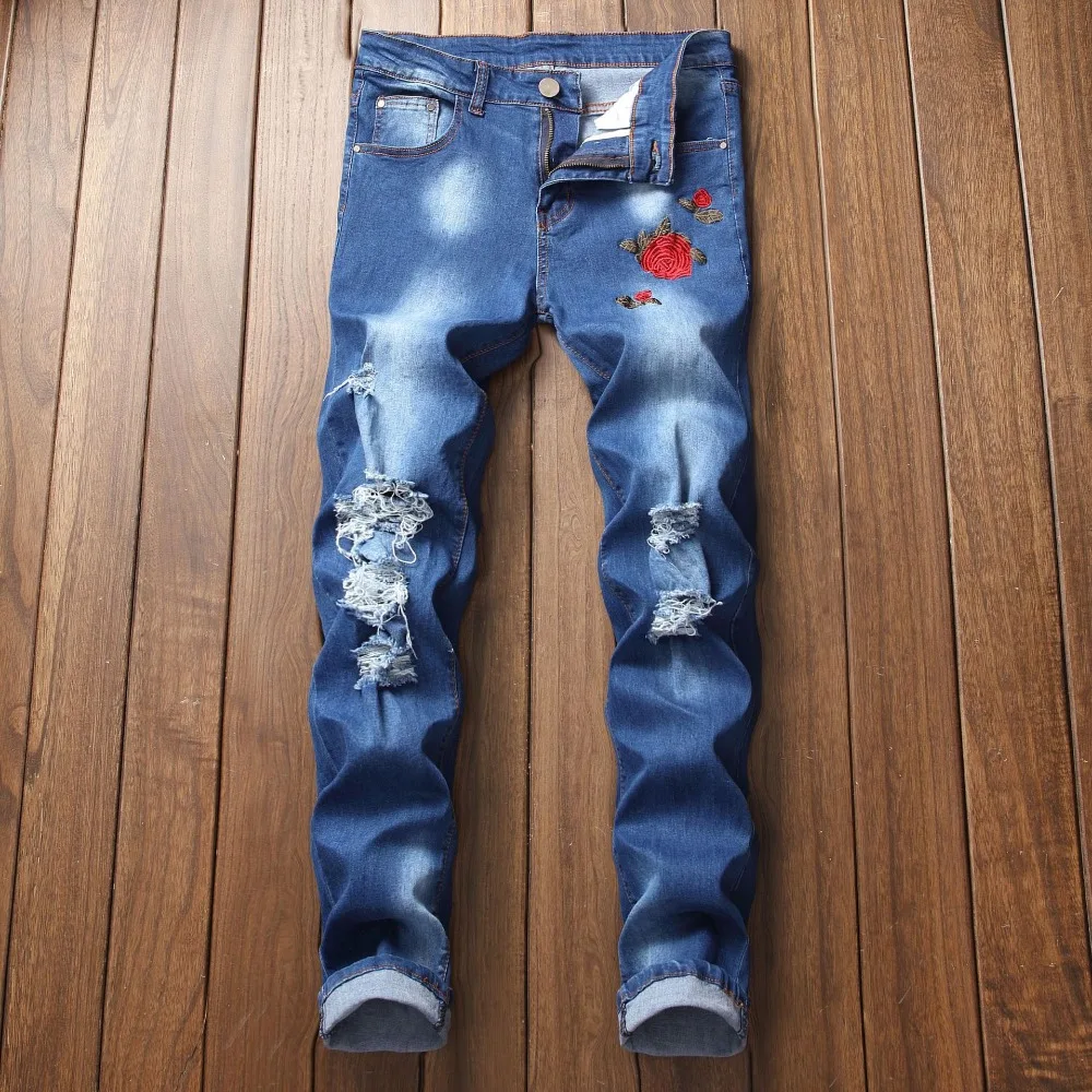 2019 Новые мужские рваные тонкие вышитые синие джинсы трендовые Модные мужские Стрейчевые джинсовые брюки больше размеров 28-38 40 42