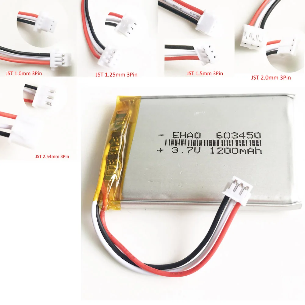 

3.7V 1200mAh Lithium Polymer LiPo Rechargeable Battery JST 1.0/1.25/1.5/ 2.0/2.5 3pin connector F PAD camera GPS Speaker laptop