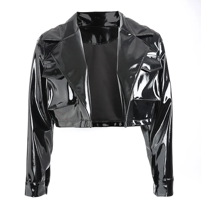 Helisopus, открытая стежка, укороченная куртка, женская панк искусственная кожа, черная повседневная куртка, отложной воротник, байкерское короткое пальто, уличная одежда - Цвет: Черный