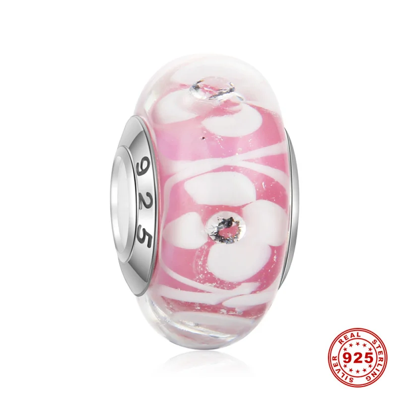 

5pcs/lot Authentic 925 Sterling Silver Core Pink Flower Murano Lampwork Glass Beads Fit European Charm Bracelet Necklace DSG15