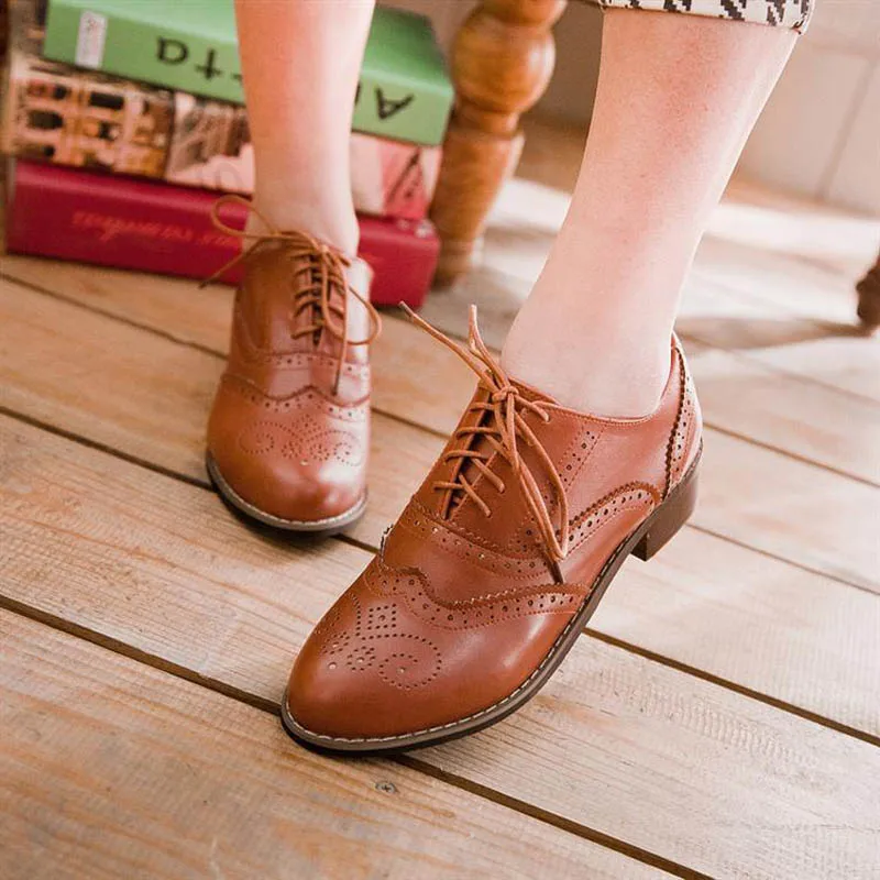 Zapatos Oxford de punta redonda con cordones para mujer, calzado Oxford Vintage tallado, talla 2021 - AliExpress