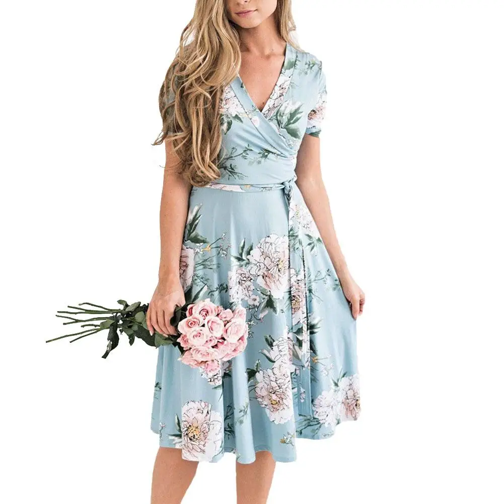 

Fashion Women Flower Print V Neck Short Sleeve Party Banquet Sexy Midi Dress