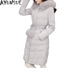 AYUNSUE/Новинка года; Зимний пуховик для женщин; белые пуховики на утином пуху; элегантные парки с длинными рукавами; зимняя одежда с воротником из натурального Лисьего меха; ST466