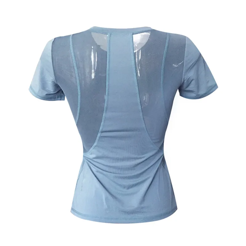 Женская спортивная одежда с коротким рукавом для тренажерного зала, футболка для тренировок и бега, Женская быстросохнущая рубашка для йоги, сетчатый лоскутный топ, футболки - Цвет: Синий