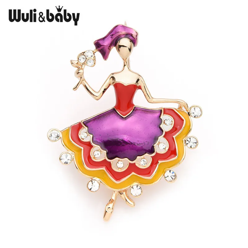Wuli& baby сексуальная танцевальная брошь с дизайном «девочка» для женщин, фиолетовое платье, женская эмалированная брошь, булавки, подарки для девушки