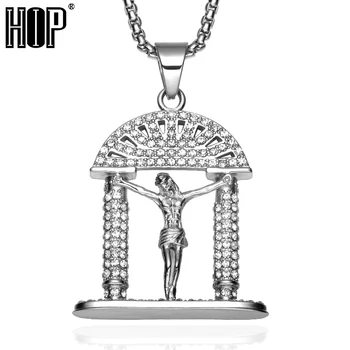 

HIP Hop Bling Ice Out INRI Crucifix Jesus Piece Pendants & Necklaces Stainless Steel Heaven Gate Necklace for Men Jewelry