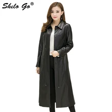 Новая модная уличная Женская Роскошная формальная офисная лацкан и пояс черная с длинным рукавом Тонкая Овчина натуральная кожа X-Long пальто