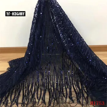 

YF HZGJMY African Fabric Lace Navy Blue Feathers French Tulle Lace Latest Bridal Dress Sequin Embroidery Net Lace Fabric A1753