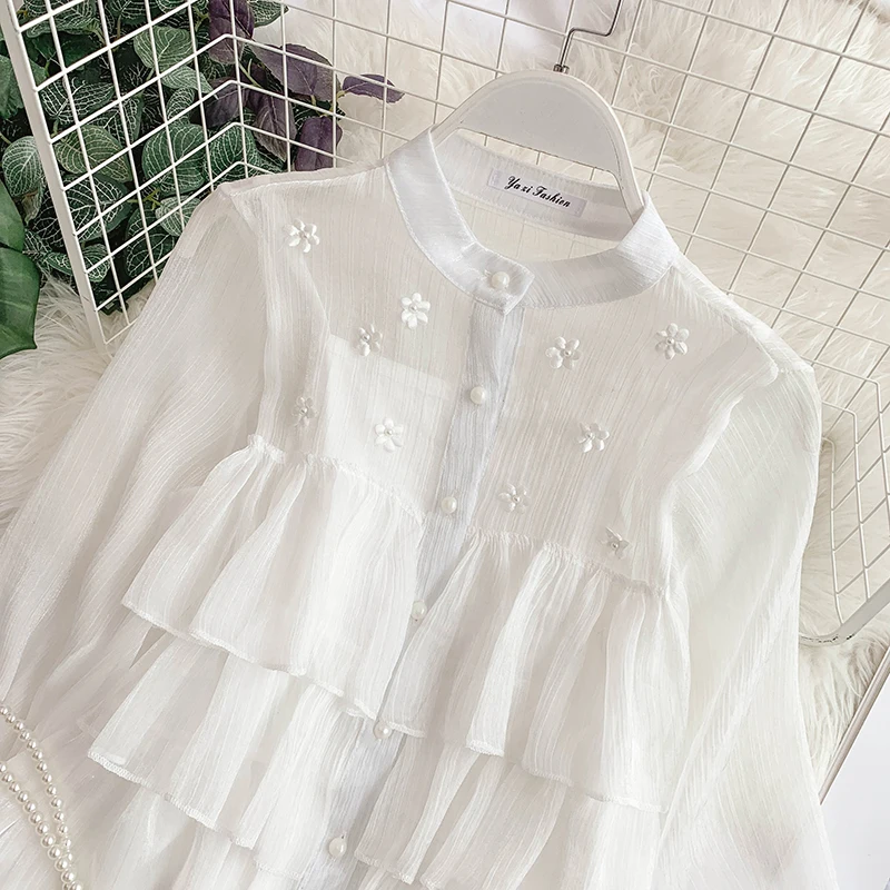 2019 ربيع جديد المرأة س الرقبة الديكور واحد الثدي طبقة الكشكشة فانوس كم الشيفون القمصان البلوزات الإناث أنيقة قميص