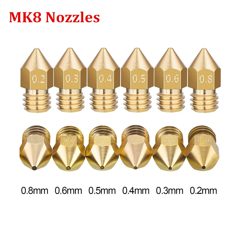 MK7 MK8 сопло 0,2 мм 0,3 мм 0,4 мм 0,5 мм 0,6 мм 0,8 мм медные детали для 3D-принтеров, головка экструдера, латунные сопла для нити 1,75 мм