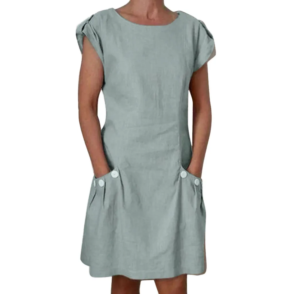 

Summer Dress Women Casual Solid Ruffled Pockets Even ing Dress Girl O-Neck Shift Daily Buttoned-decor Dresses Woman Party Night