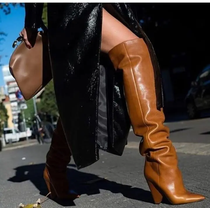 

Eunice Choo Autumn Slip On Suede Leather Women Shoes Spike High Heels Solid Knee High Slouchy Boots Pleated Design Ladies Boots