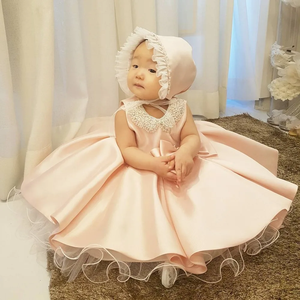 Элегантное платье для девочек с цветочным узором, украшенное бусинами и бантом нарядное платье для крещения, розовое фатиновое платье принцессы на свадьбу, детское платье для первого причастия
