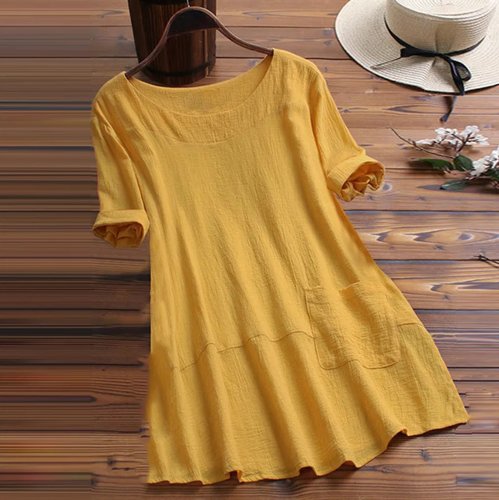 

Plus Size Summer Fashion Linen Solid Blouse Ladies Loose Tee Tops Female Women's Short Sleeve Shirt Blusas Femininas Pullover