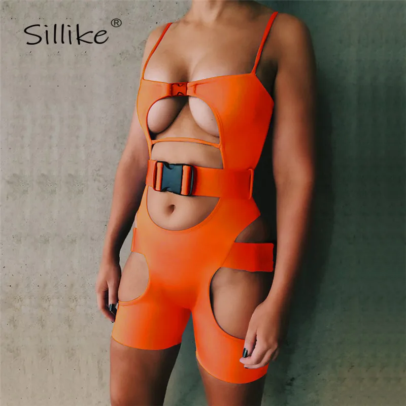 

SILLIKE Fluorescence Sexy Hollow Out Rompers Women Jumpsuit Summer Sleeveless Bandage Playsuit Casual Short Outfits Overalls