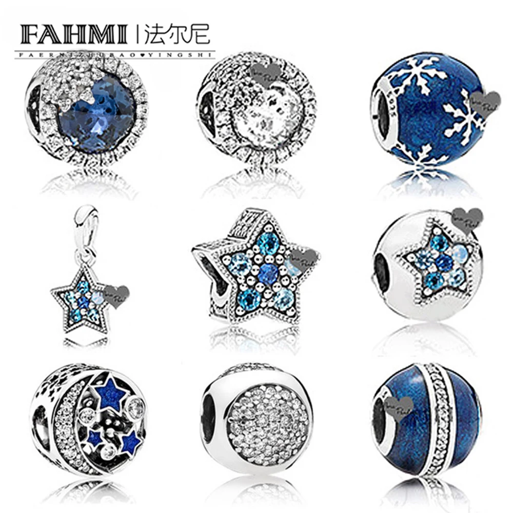 

FAHMI Winter Blue Enamel Snowflake Silver charm 100% 925 Sterling Silver Bead Blue moon Fit Bracelet DIY bangle Jewelry Making