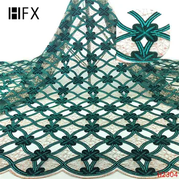 

HFX 2019 new arrival African Green Lace fabric Luxury velvet High Quality Velvet Net Lace fabric for dress free shipping H2304