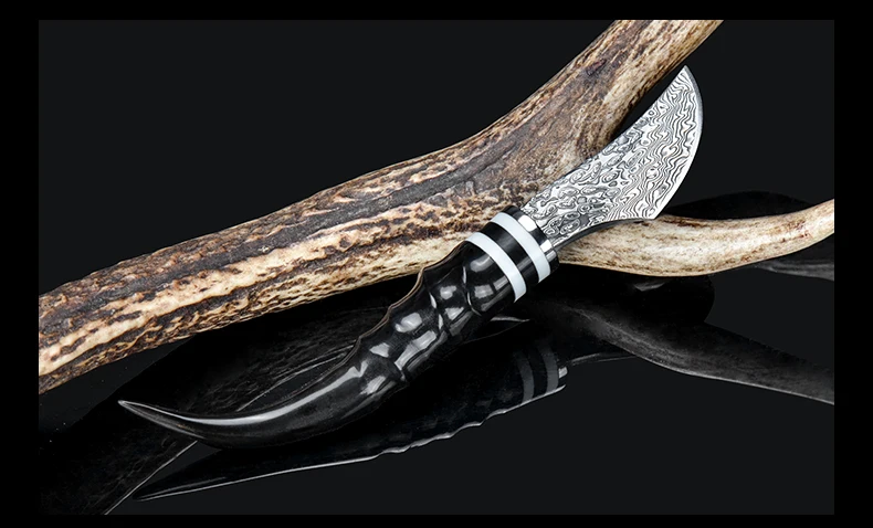 Дамасский нож CIMA, карманный нож, черный рог козы, кожаный чехол