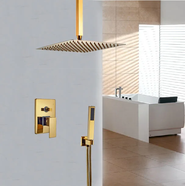 Newly 12-in Square Shower Set Gold Polish Shower Units Ceiling Mounted Mixer Tap