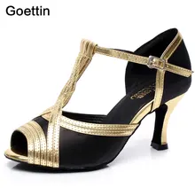 Goettin Джаз бальные туфли размера плюс туфли для латинских танцев женские туфли без шнуровки линия каблук Schoenen атласная Пряжка Сандалии 6120