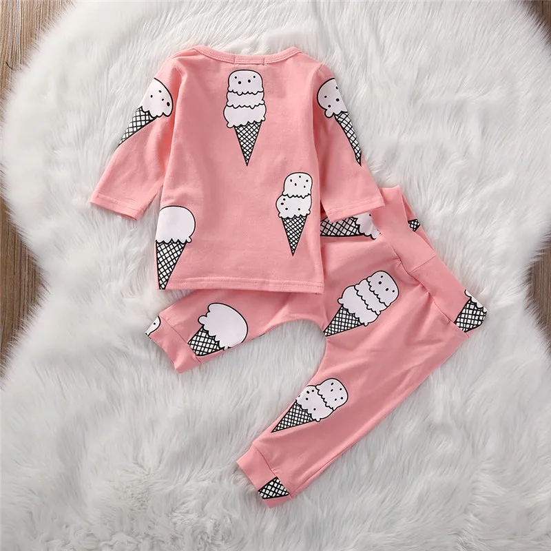 Комплекты одежды с длинными рукавами для маленьких девочек с рисунком мороженого; хлопковые топы и штаны; повседневные брюки; комплект одежды