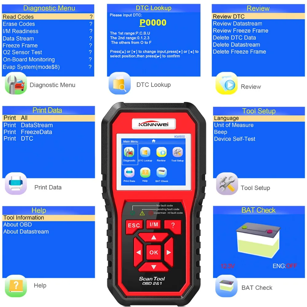 OBD2 ODB2 универсальный считыватель кодов двигателя KONNWEI KW850 автомобиля