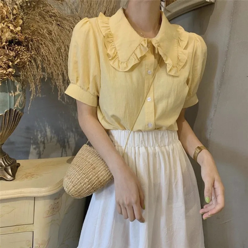 

Alien Kitty Women Blouses 2019 New Summer Korean Elegant Tops Short Sleeve Single-breasted Solid Sweet Shirt Women Camisas Mujer