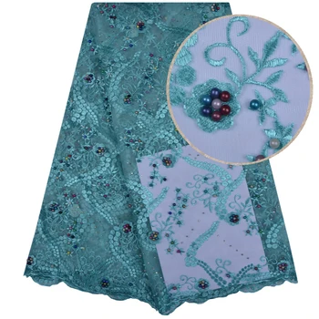 

New Design African Lace Fabric Nigerian Teal Lace Fabric With Colorful Beads 2018 Cheap Nigerian Lace Fabrics For Wedding 1135