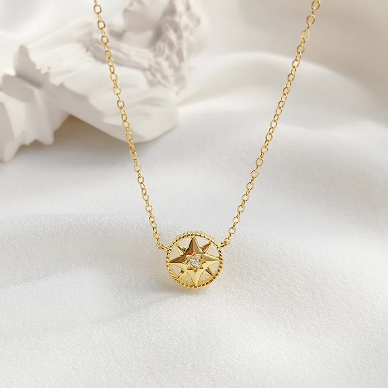 

ABC 925 pure silver dama estrella collar plata y oro-Color fina cadena gilded eight star estrella colgante compass Necklace